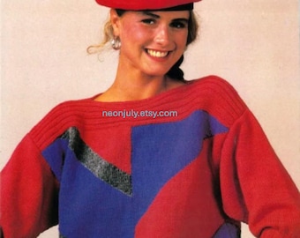 Patrón de tejido de suéter geométrico de los 80: Diseño de manga 3/4 para mujer (Patrón PDF)