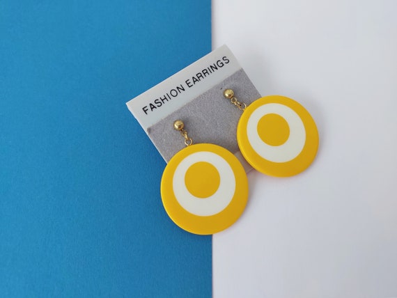 Yellow and White Circle Earrings, Large Plastic D… - image 4