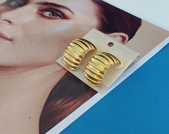 Big Gold Curved Rectangle Earrings, Half Circle Studs with Ridge Pattern, 90s Fashion Jewellery