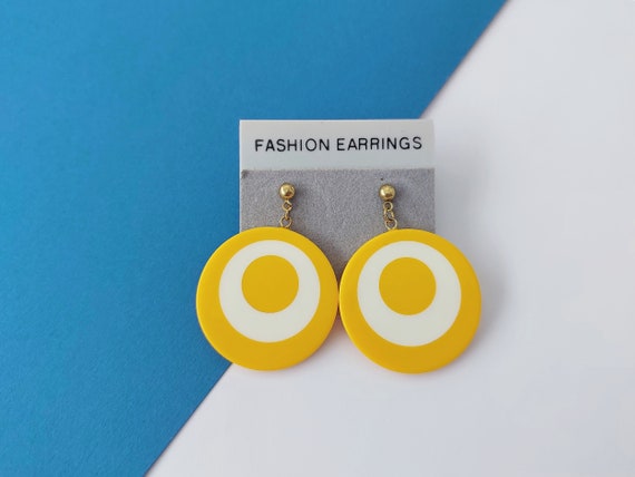 Yellow and White Circle Earrings, Large Plastic D… - image 1