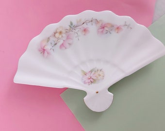 Floral Ceramic Fan, Vintage Bone China Jewellery Dish, Catch-All For Trinkets