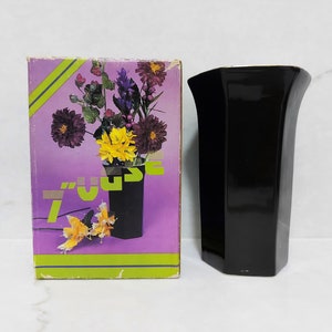 Tall Black Hexagon Pillar Vase, 7 Inch Column Vessel, Vintage Ceramic Decor