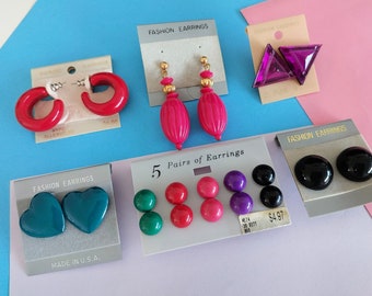 10 Pairs of Colourful 80s Earrings,  Hearts, Triangles, Hoops, Circles and Drop Studs, Fun Retro Accessories Lot