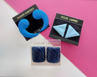 3 Pairs of Blue 80s Earrings, Mix of Triangle, Comma and Rectangle Shaped Studs, Retro Accessories Set