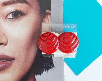 Large Red Circle Earrings, Round Studs with Curved Lines Pattern, New Old Stock from the 80s