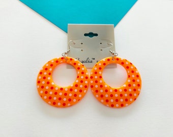 Neon Orange Circle Earrings with Spots, Big 80s Fluorescent Dangles, NOS Retro Jewellery