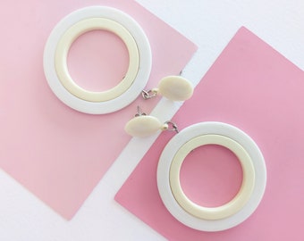 Oversized Lemon & Cream Circle Earrings, Pale Yellow Plastic Stud Dangles, Pastel Jewellery from the 80s