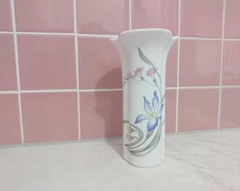 Tall Floral Cylinder Vase, White Ceramic Colum with Iris Design, Retro 80s Decor