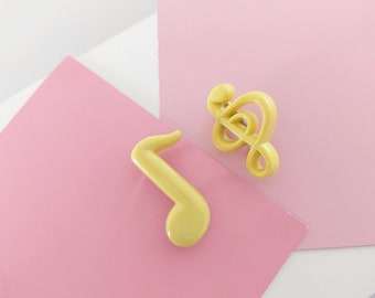 Pair of Yellow Plastic 80s Badges, Quaver and Treble Clef Pins, Vintage Music Note Brooches