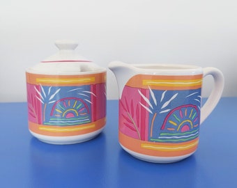 Colourful 80s Design Ceramic Creamer Set,  Sugar Jar with Lid and Milk Jug, Retro Kitchenware Gift