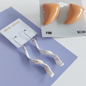 80s Vintage Dangle and Stud Earrings: Paint Splatter, Tan Plastic, NOS