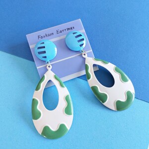 Oversized Blue and Green Patterned Earrings, Crazy 80s Statement Dangles, New Old Stock Fashion Jewellery