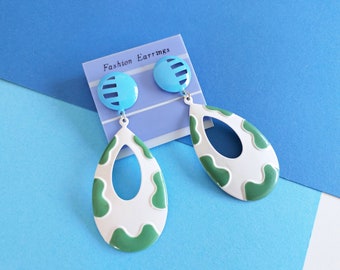 Oversized Blue and Green Patterned Earrings, Crazy 80s Statement Dangles, New Old Stock Fashion Jewellery