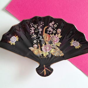 Japanese Black Floral Ceramic Fan, Vintage Decorative Jewellery Dish, Catch-All For Trinkets