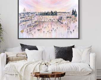 May include: A watercolor painting of the Western Wall in Jerusalem, Israel. The wall is a pale gold color and is surrounded by a crowd of people. The sky is a soft pink and purple.