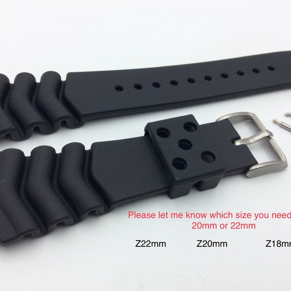 22mm and 18mm for SEIKO Z-22 Wave Divers Heavy Black Rubber Watch Band Strap w/ 2 Pins
