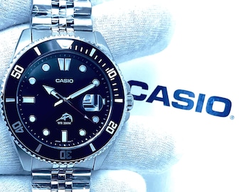 Casio MDV106-1AV, Duro, custom magnifier window, S/Steel watch, 200-meter WR custom, anti-reverse Bezel Jubilee Band.