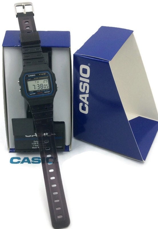 New Casio F91W Digital Watch, Custom Black Transparent clear Jelly Resin Band, Alarm, Date