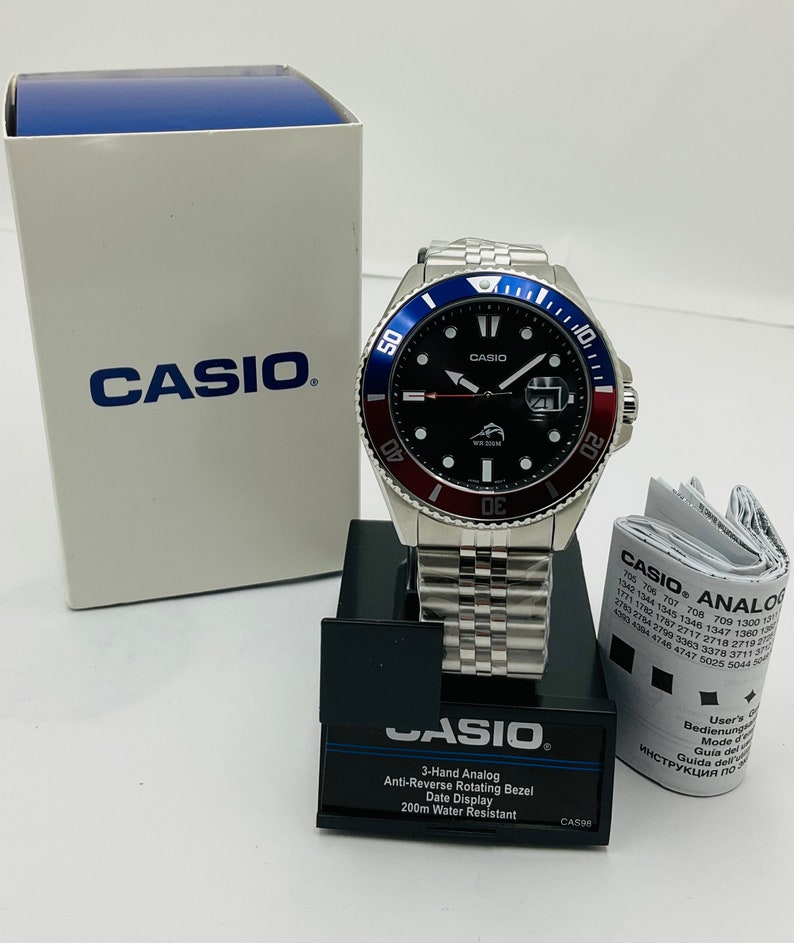 Casio MDV106B-2AVCF, PEPSI, Duro, men's silver S/Steel watch, 200-meter WR custom, anti-reverse Bezel image 4
