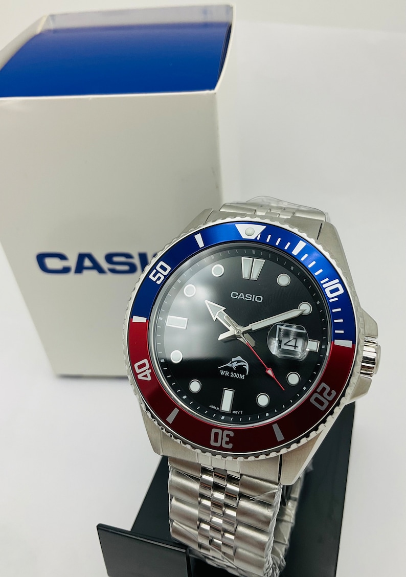 Casio MDV106B-2AVCF, PEPSI, Duro, men's silver S/Steel watch, 200-meter WR custom, anti-reverse Bezel image 5