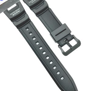 May include: Two black watch bands with a textured surface. The band on the left has the text "WATER RESIST 200M". The band on the right has the text "COMPASS THERMOMETER".