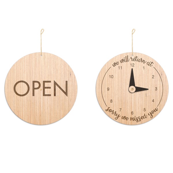 Wooden Open Sign / Reversible Open Sign / Clock Sign / "Will Return At" Sign / Be Back Soon Sign / Lunch Break Sign / Office Sign / Decor