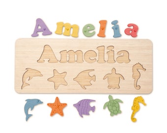 Dyed Ocean Animals Name Puzzle / Dyed Wooden Name Puzzle / Sea Animals Theme Name Puzzle / Personalized Puzzle With Pegs / Kids Name Puzzle