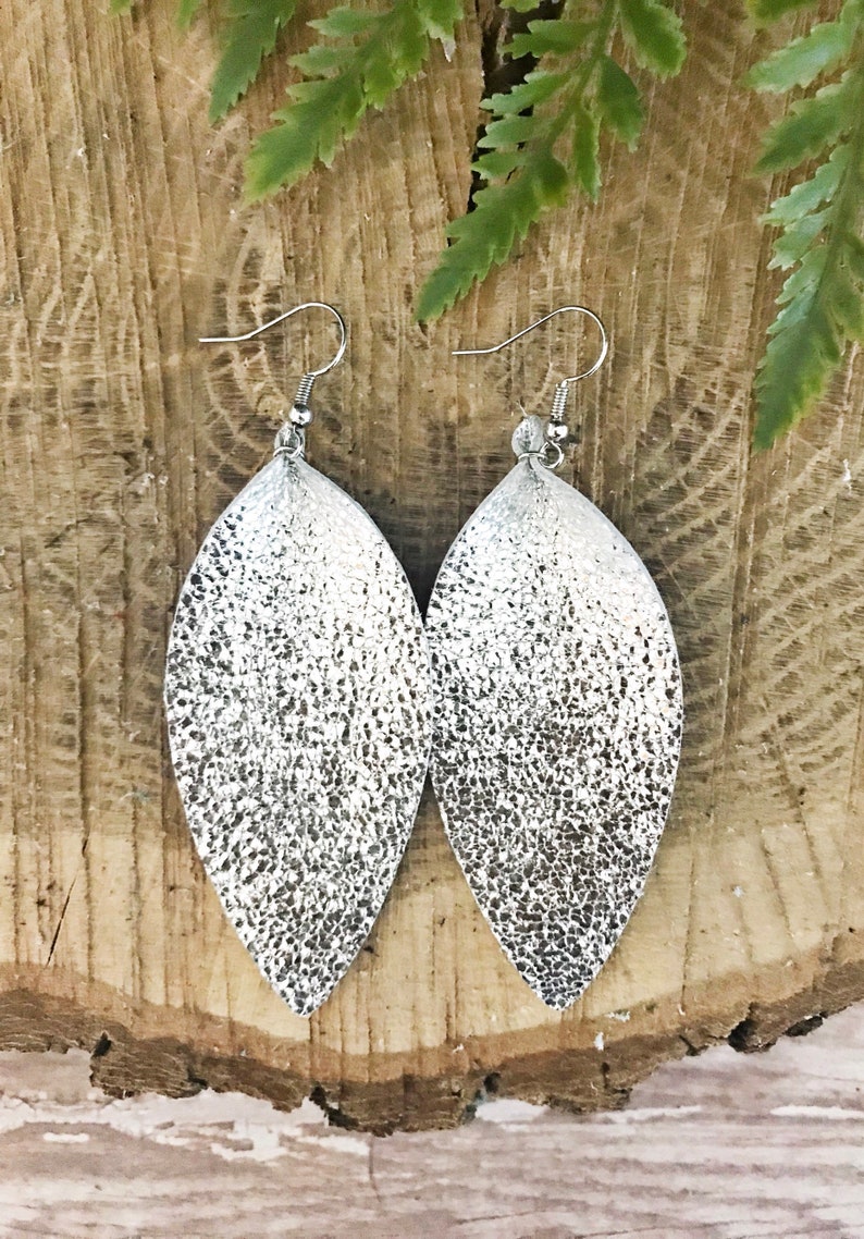 Silver Glitter Leather Leaf Earrings
