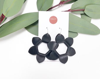 Blossom | black leather flower petal earring