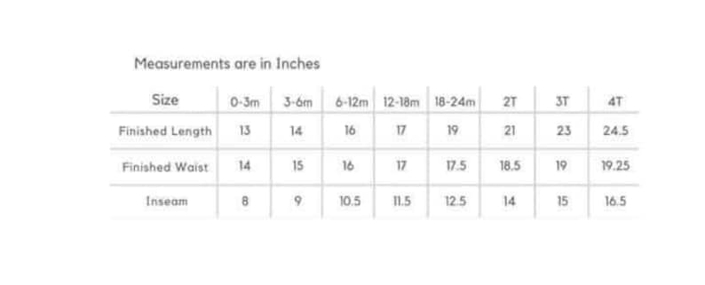 Może przedstawiać: Tabela rozmiar&oacute;w zatytułowana Measurements are in Inches. Zawiera rozmiary od 0-3m do 4T z wierszami dla Finished Length, Finished Waist i Inseam. Wartości są podane w calach dla każdej kategorii rozmiaru w formacie siatki.