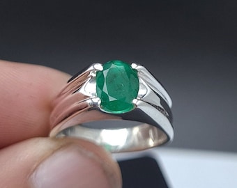 Emerald Mens Ring, Sterling Silver Band, Green Zamurd Stone