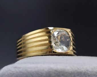 14k gouden kussengeslepen gele saffierring, onverwarmde pukhraj-herenring