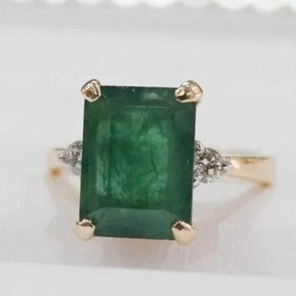 AAA Echter Smaragd Ring 14k Gelb Gold Ring Diamant Ring Vorschlag Ring Verlobungsring Smaragdschliff Ring drei Steine Ring Anninversary