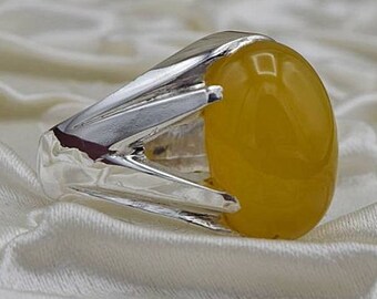 Yellow Yemeni Aqeeq Ring, Handmade 925 Sterling Silver, Men's Islamic Ring
