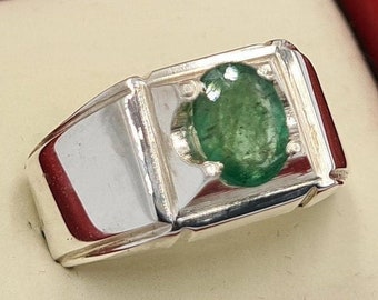 Natural Panjsher Emerald Ring, 925 Sterling Silver, Men's Jewelry