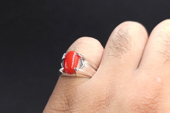 Mens Red Coral Ring, Sterling Silver Marjan Gemstone, Bohemian
