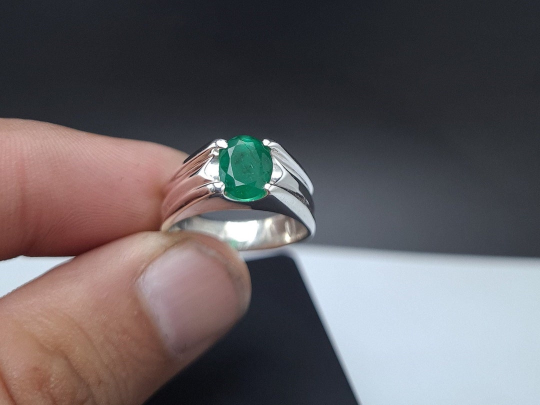 Natural Emerald Ring Mens Silver 925 Real Green Zamurd Stone in Dark