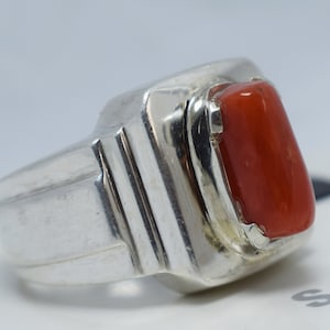 Natural Coral Marjan  Deep Red Marjan 925 Sterling Silver Men&#39;s Ring Beautiful Handmade Rings Marjan Bague Mens Moonga Stone Real Stone Ring