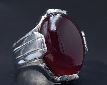 Mens Yemeni Aqeeq Ring, Blood Red Agate, 925 Sterling Silver