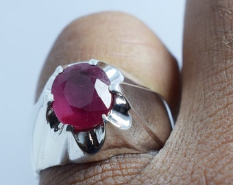 Natural Ruby Sterling Silver Men's Ring, Handcrafted Gemstone
