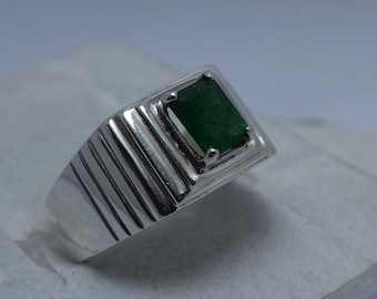 Natural Emerald Ring, 925 Sterling Silver, Handmade Men's Jewelry