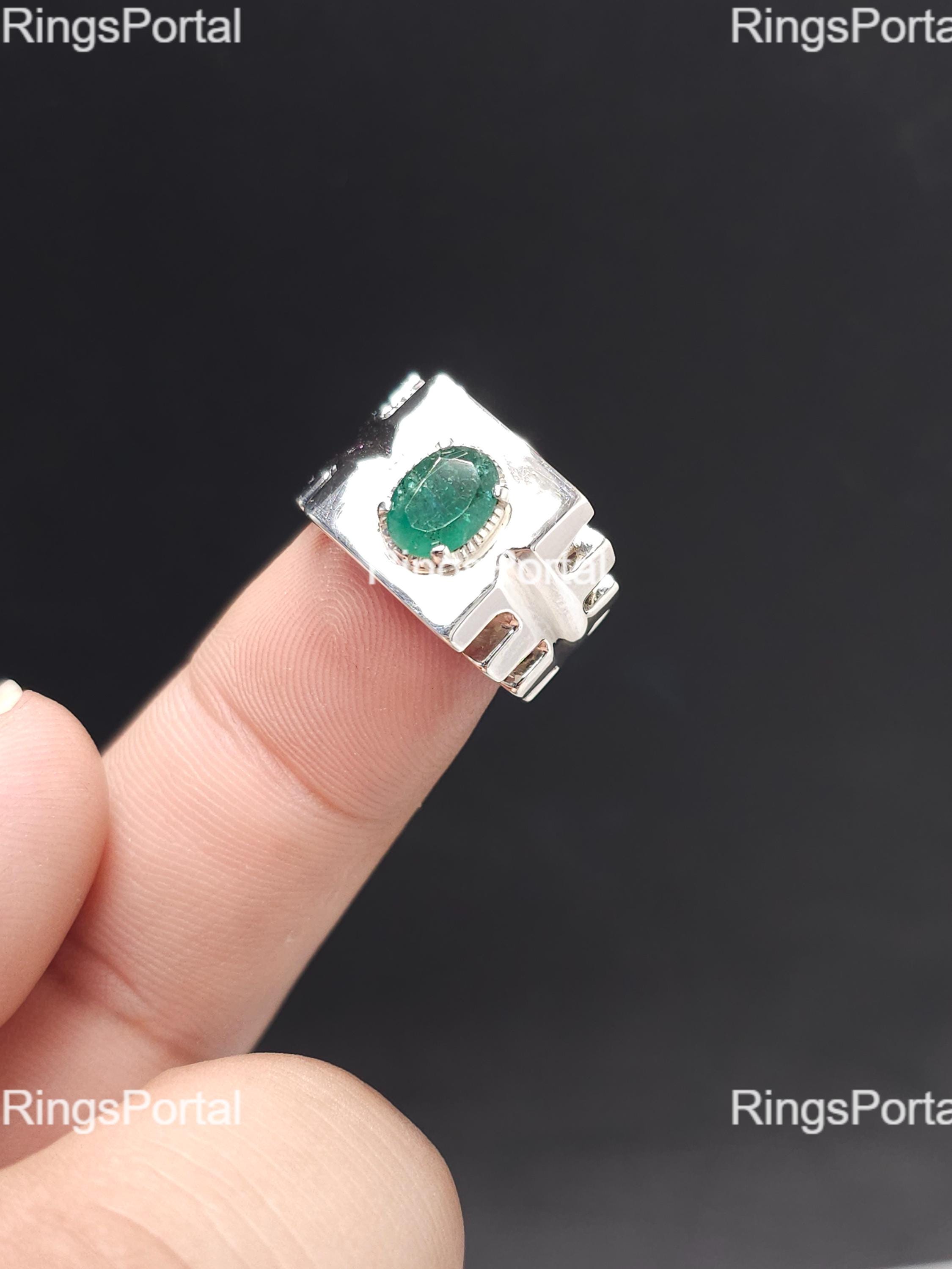 手作りのエメラルド入りスターリングシルバー製メンズリング、天然 