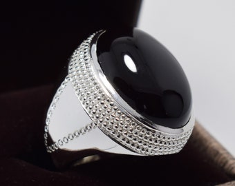 Mens Black Agate Ring: Real Yemeni Aqeeq Gemstone, Sterling Silver