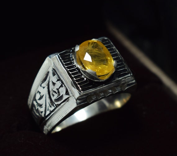 Sapphire Rings Beautiful Yellow Sapphire Stone Very Clean Pukhraj Sterling Silver Jewelry Zodiac Birthstone Mens Handcrafted Engraved Rings Etsy