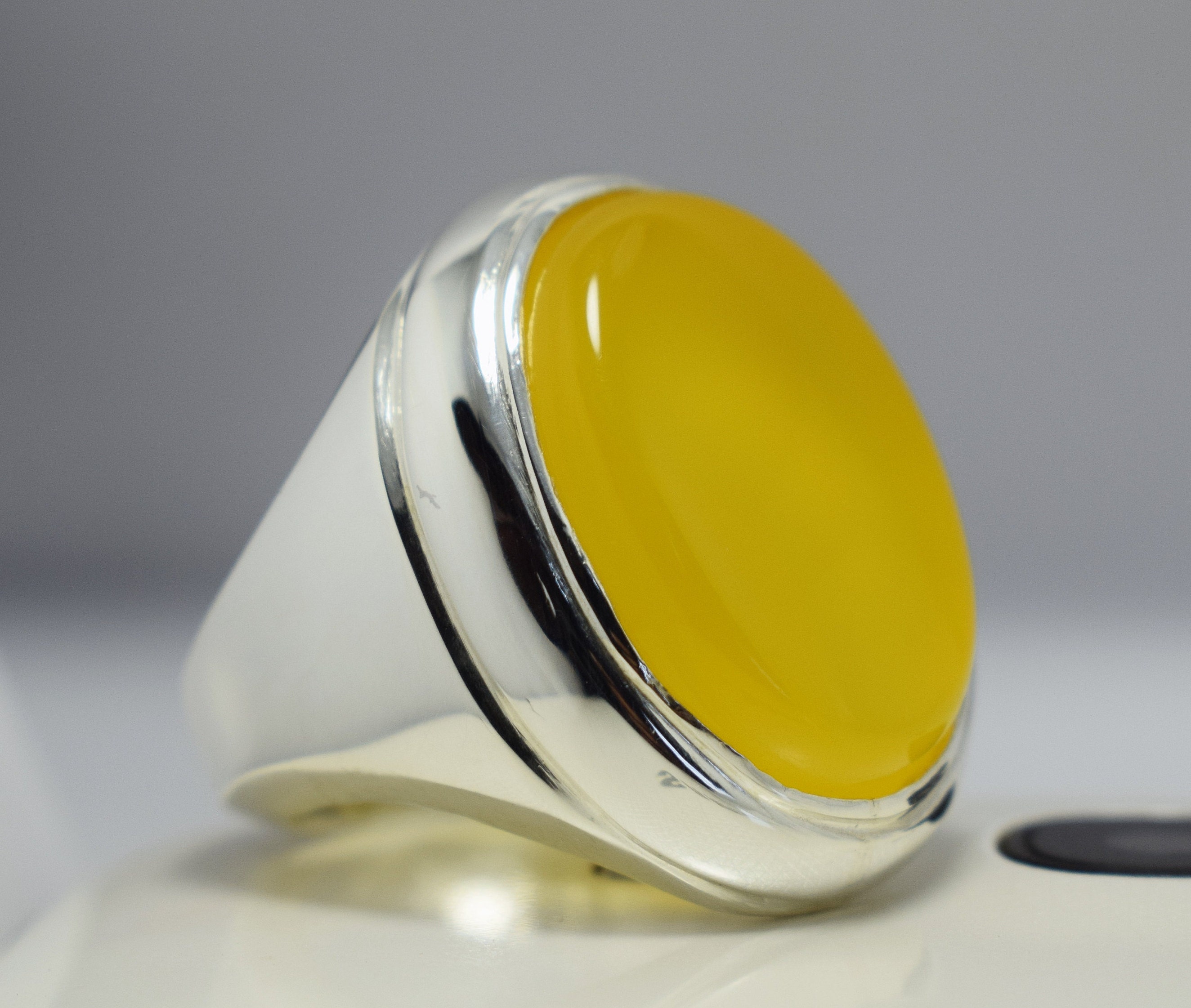 Turkish Handcrafted 925 Sterling Silver Yellow Agate Aqeeq Mens  Ring ALL SİZE 