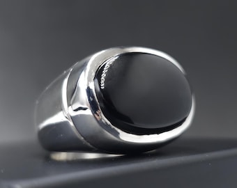 Black Agate Sterling Silver Men's Ring, Handmade Jewelry Gift