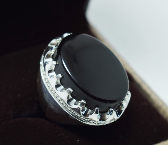 Handmade Black Agate Ring, Yemeni Stone, Sterling Silver Mens