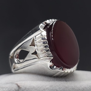 Men&#39;s Red Agate Ring | 925 Sterling Silver Handmade Aqeeq Ring Natural red kabadi aqeeq Men red Oval Aqeeq Gemstone Ring , Father Day Gift,