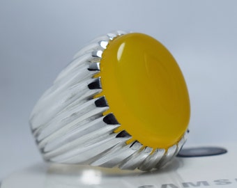 Men's Yellow Yemeni Aqeeq Ring, 925 Sterling Silver, Handmade
