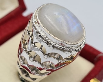 Rare White Rainbow Moonstone Colorful Dur e Najaf Najafi Stone Ring Real Silver Jewelry Handmade Jewellery Men Christmas Gift Zodiac Ring